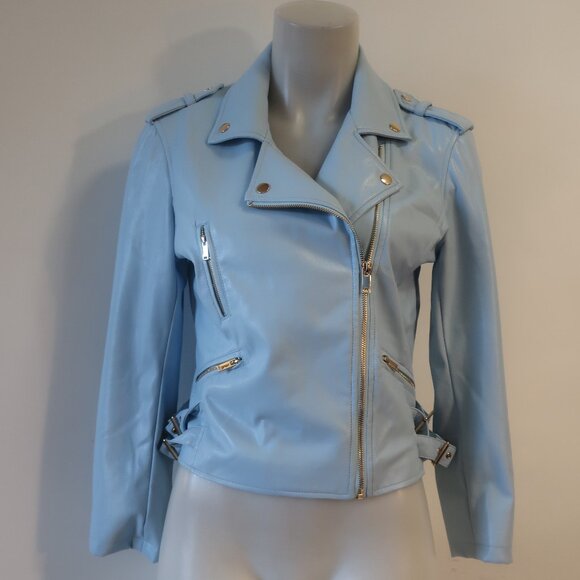 Womens Generation Love "Lindsay" Sky Blue Vegan Leather Moto Jacket M - Picture 2 of 9